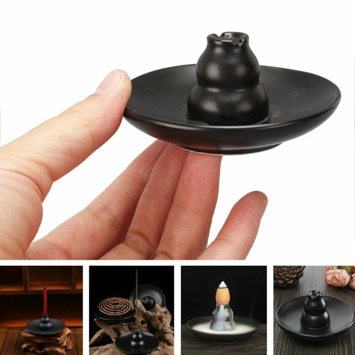 Multipurpose Black Ceramic Church Gourd Assuaging Calming Backflow Incense Burner Smoke Holder Plate Home Decor KT1042