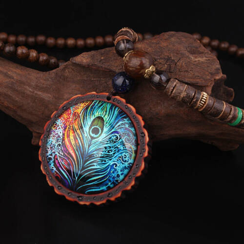 Handmade Sandalwood Peacock Feather Pendant