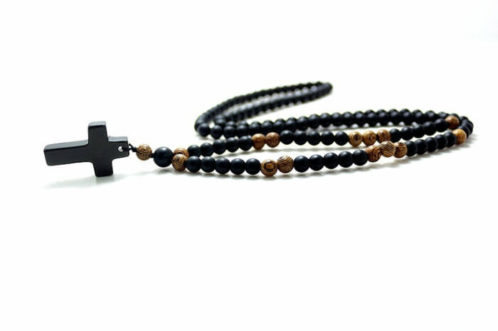 Black Onyx Cross & Rosewood Necklace