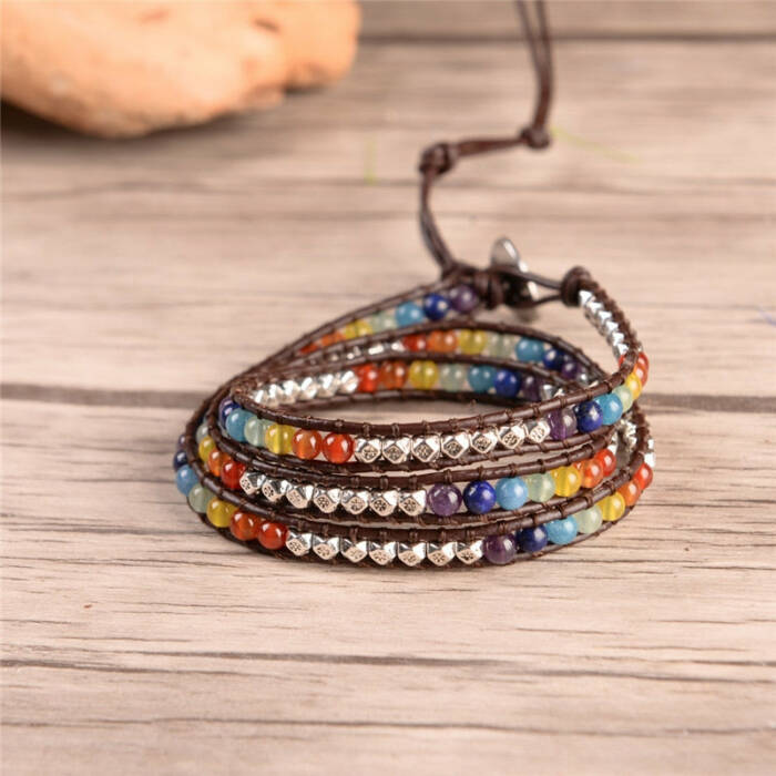 Chakra Bracelet Jewelry Handmade Leather Wrap Bracelet Multi Color Spare  Crystal Beads Natural Stone Bracelet