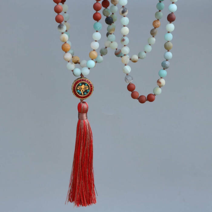 Buddha's Eyes Red Turquoise & Amazonite Mala Necklace