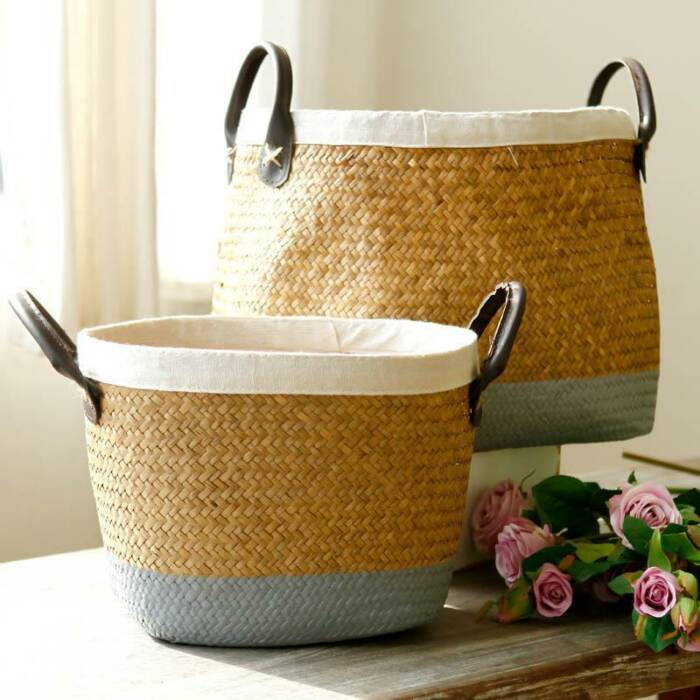 Df 122 Pastoral Handmade Seagrass Basket Painted Linen Edge