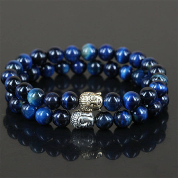 Natural Blue Tiger Eye Buddha Bracelet - 2 Pieces