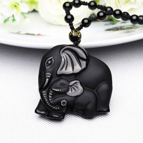 Obsidian Carved Mother & Baby Elephant Lucky Necklace
