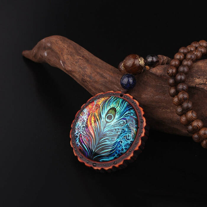 Handmade Sandalwood Peacock Feather Pendant