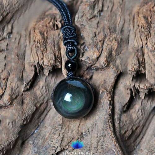 Df 72 Natural Obsidian Rainbow Eye Bead Pendant Necklace - Transfer Good Luck